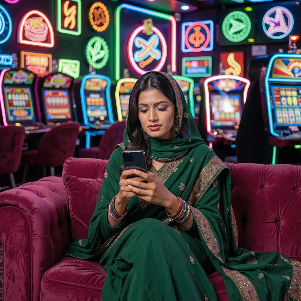 Confident Bangladeshi woman enjoying the 9Q999 casino app on her phone with vibrant neon casino symbols glowing behind her
