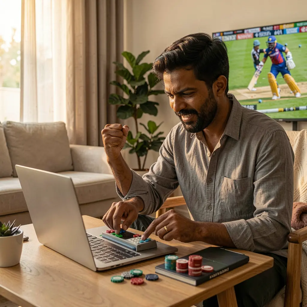 Excited Bangladeshi sports fan celebrating a winning bet placed on the 9Q999 platform while watching a live cricket match at home