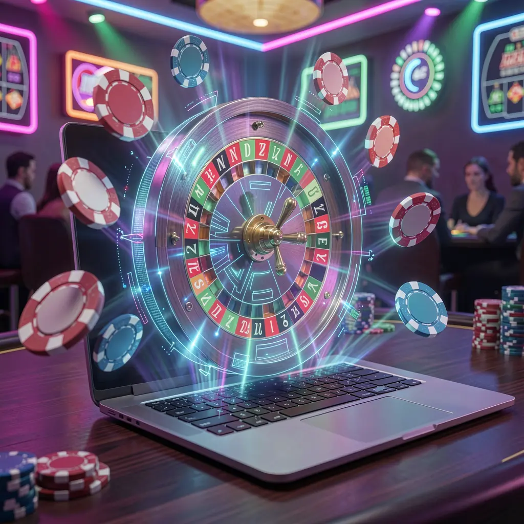 Futuristic roulette wheel with glowing numbers and flying casino chips inside a sleek digital casino environment at 9Q999