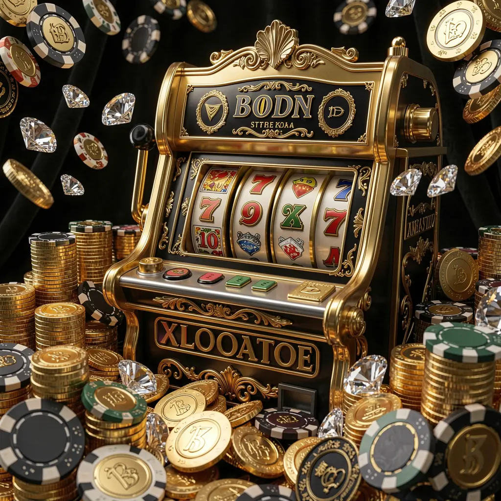 Close up view of a classic golden slot machine with bar symbols and lucky sevens surrounded by casino chips and coins highlighting premium slots at 9Q999